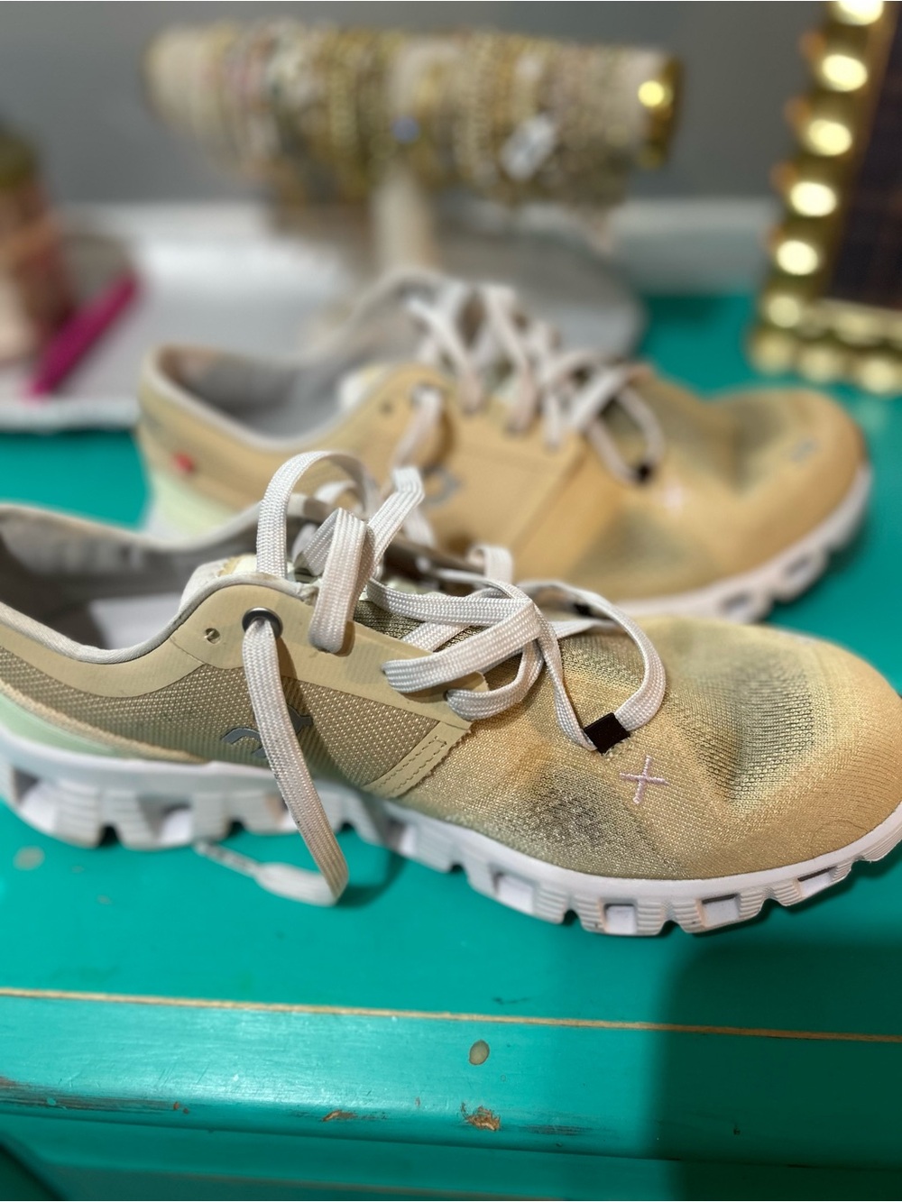 On Running Women's Sandstone Beige Athletic Sneakers with White Sole